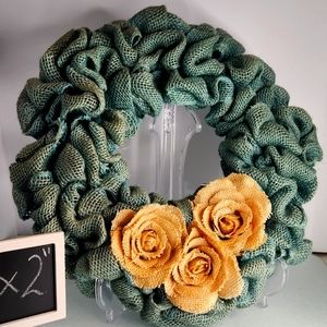 Vintage handcrafted teal burlap wreath with bleached burlap rosettes cottagecore